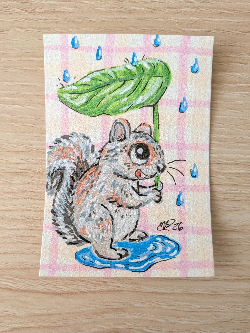 ACEO Original Squirrel Raindrops Acrylic/Alcohol Marker Art Card By Mattoodles